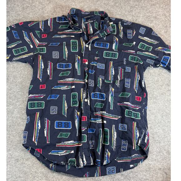 VINTAGE 90s Nautica Button Up Shirt Men Medium Blue Graphic Sailing Beach Resort - Picture 1 of 5